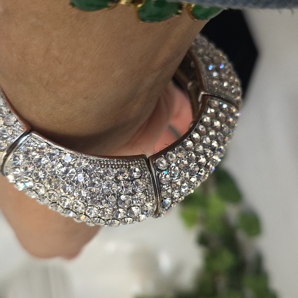 Vintage Sulver Pave-Set Rhinestone Square Stretch Bangle Bracelet - Picture 10 of 11